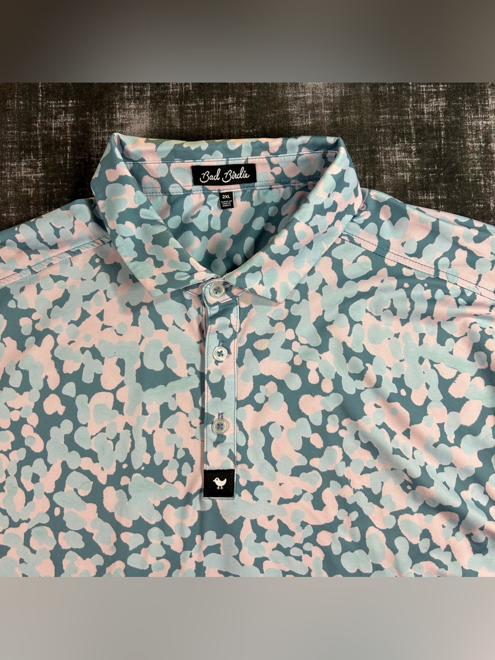 Bad Birdie Air Drop Polo Mens 2XL Pink/Teal Camo 4Way Stretch Performance Shirt